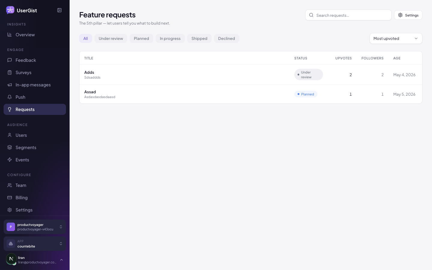 Feature requests triage view in the dashboard.