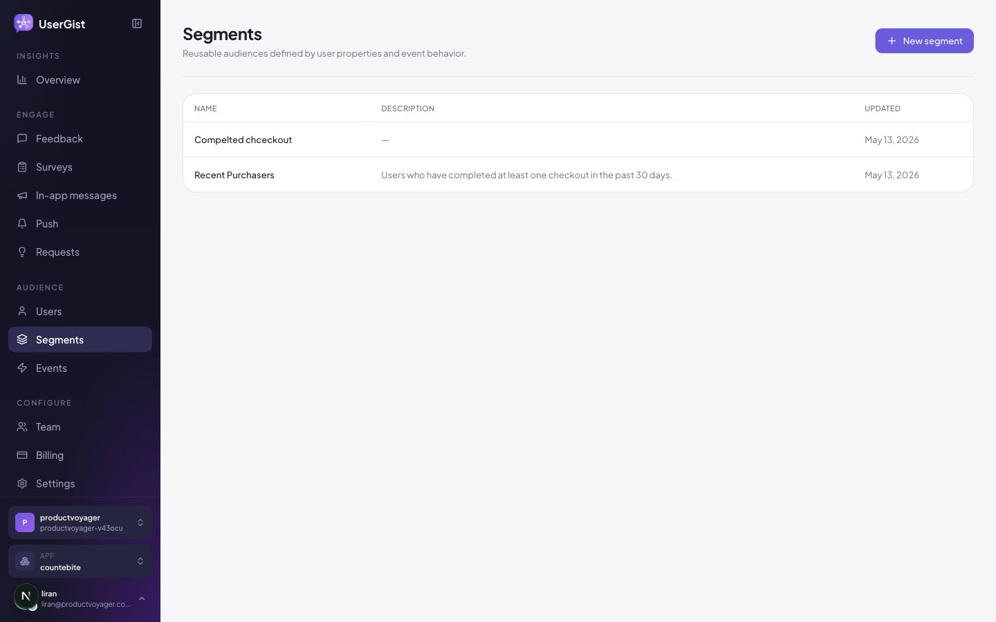 Segments list in the dashboard.