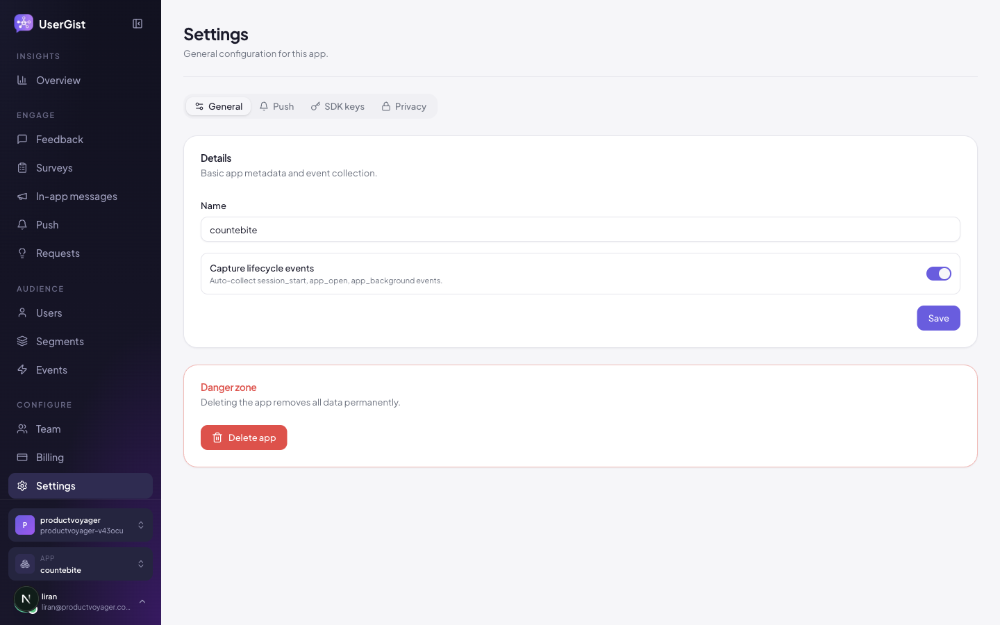 App settings — general tab.