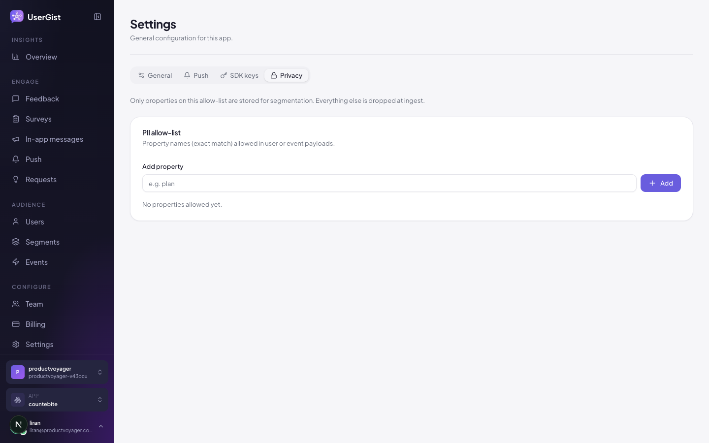 Privacy settings in app settings.