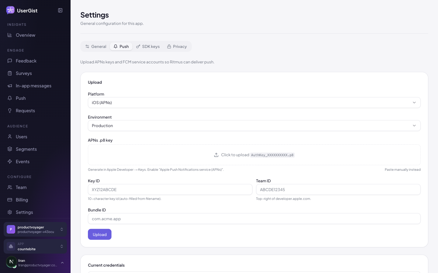 Push credentials page in app settings.