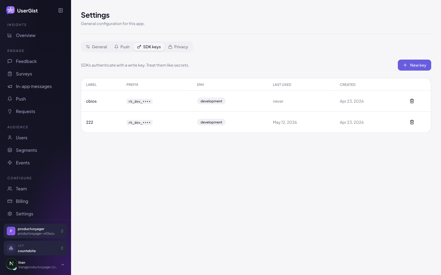 Write keys page in app settings.