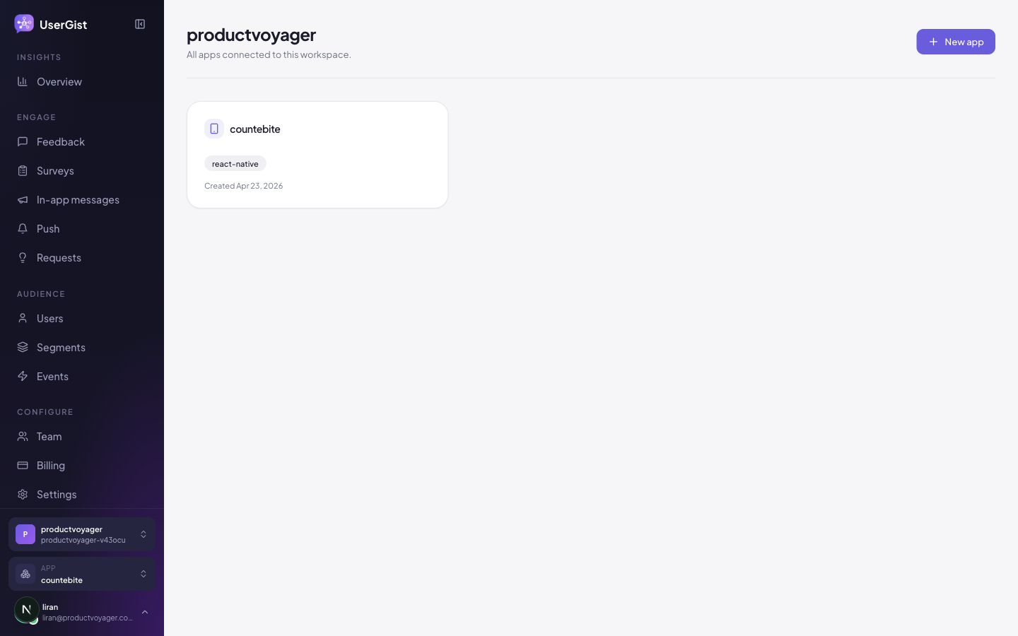 userGist workspace overview after signing in, with the sidebar (Insights · Engage · Audience · Configure) and one app card.