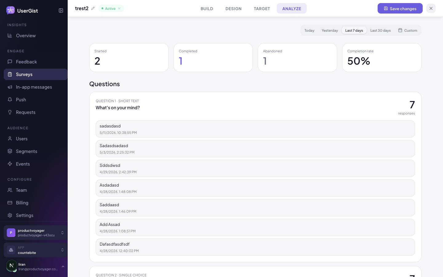 Survey Analyze view — completion funnel and per-question drop-off.