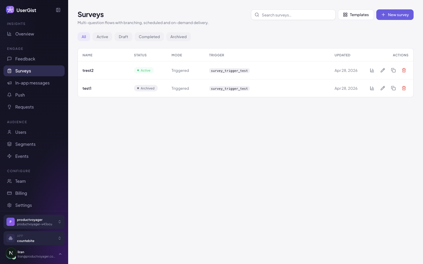 Surveys list — analytics live inside each survey detail.