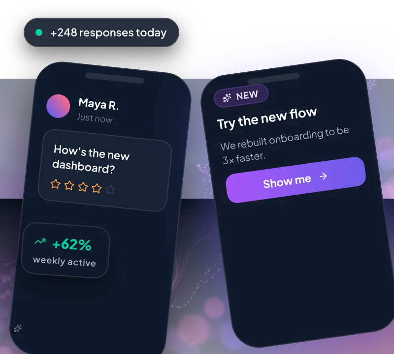 UserGist phone previews — feedback prompt with rating, new flow announcement