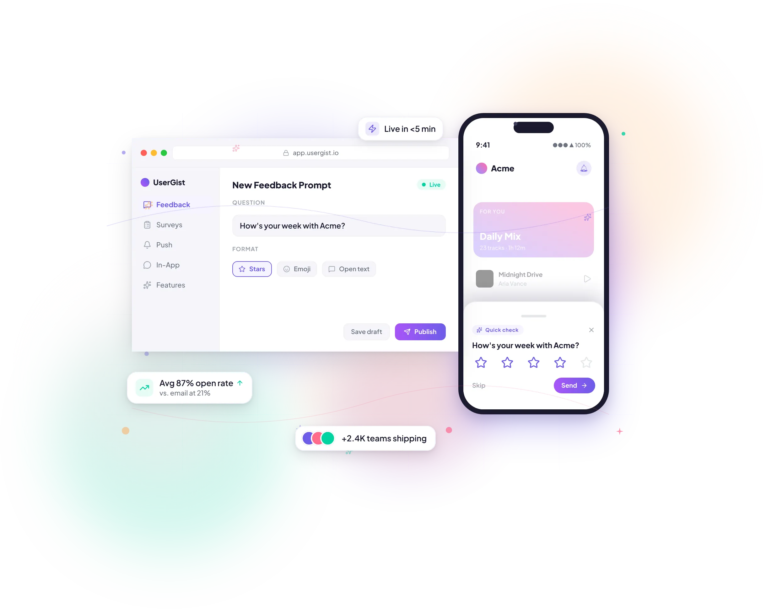 UserGist dashboard composer next to the in-app feedback prompt rendered on a phone